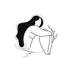 Image showing Line art of a girl in long black hair sitting in crouching posit