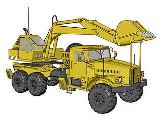 Image showing 3D vector illustration of yellow big excavator machine on white 