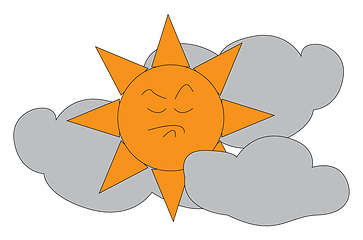 Image showing Angry sun in between clouds illustration print vector on white b