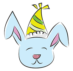 Image showing Light blue smiling bunny with a yellow and green party hat vecto