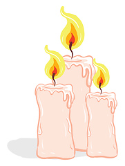 Image showing Three rose-colored candles glowing with a bright yellow flame ve