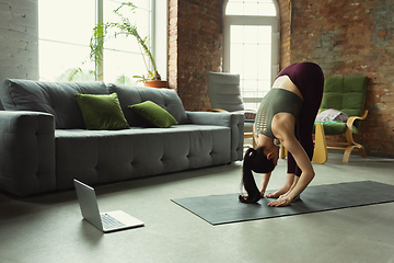 Image showing Sporty young woman taking yoga lessons online and practice at home