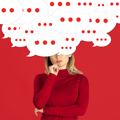 Image showing Woman with big speech bubbles on her head like a hairstyle