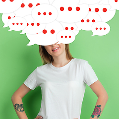 Image showing Woman with big speech bubbles on her head like a hairstyle