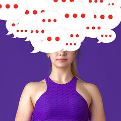 Image showing Woman with big speech bubbles on her head like a hairstyle