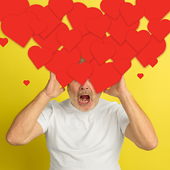 Image showing Senior man with big speech bubbles on his head like a hairstyle