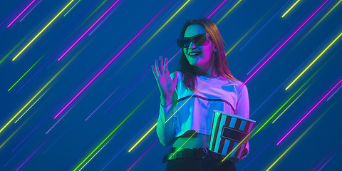 Image showing Neon lighted, colored portrait with neon lines, flyer, proposal