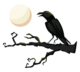 Image showing Black  crow howling at the full moon while standing on a tree ve