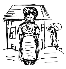 Image showing Line art of an old woman standing in front of her village house 