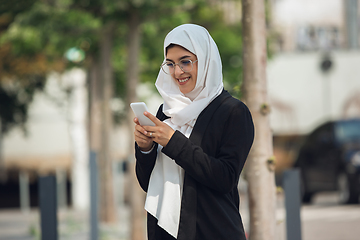 Image showing Beautiful muslim successful businesswoman portrait, confident happy CEO