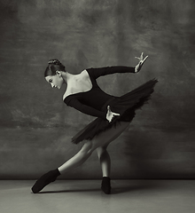 Image showing Young graceful tender ballerina on dark studio background