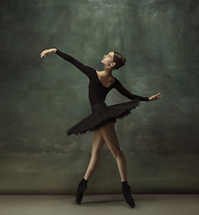 Image showing Young graceful tender ballerina on dark studio background