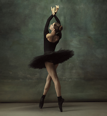 Image showing Young graceful tender ballerina on dark studio background