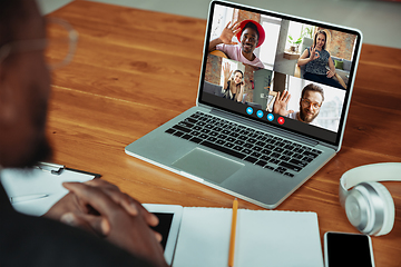 Image showing Man participate video conference looking at laptop screen during virtual meeting, videocall webcam app for business, close up