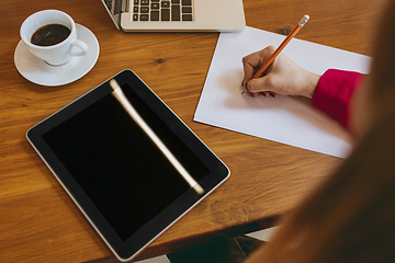 Image showing Business young caucasian woman in modern office with team