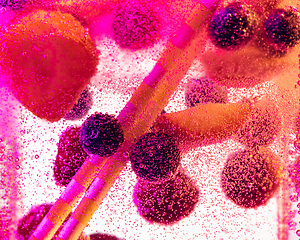 Image showing Close up view of the cold and fresh lemonade with bright berries in neon light