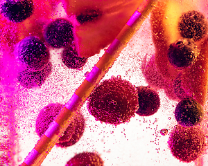 Image showing Close up view of the cold and fresh lemonade with bright berries in neon light