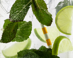 Image showing Close up view of the cold and fresh lemonade with light and mint, ice cubes