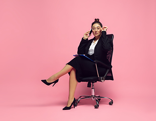 Image showing Young caucasian woman in office attire. Bodypositive female character. plus size businesswoman