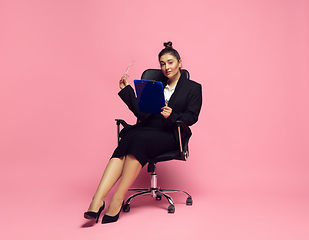 Image showing Young caucasian woman in office attire. Bodypositive female character. plus size businesswoman