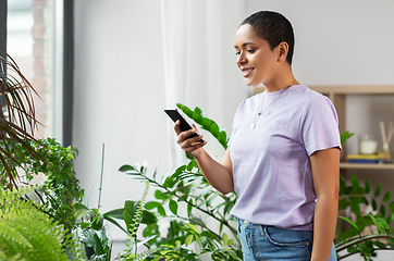 Image showing african american woman with smartphone at home