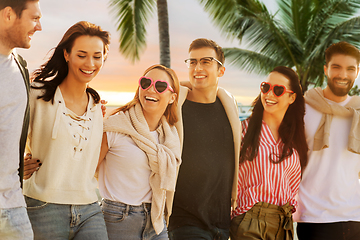 Image showing happy friends walking along summer beach