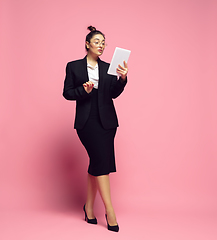 Image showing Young caucasian woman in office attire. Bodypositive female character. plus size businesswoman