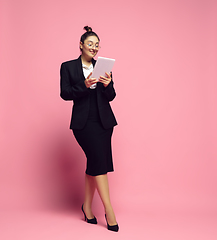 Image showing Young caucasian woman in office attire. Bodypositive female character. plus size businesswoman