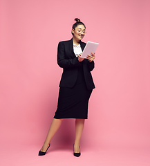 Image showing Young caucasian woman in office attire. Bodypositive female character. plus size businesswoman