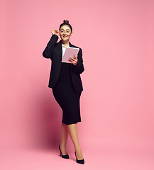 Image showing Young caucasian woman in office attire. Bodypositive female character. plus size businesswoman