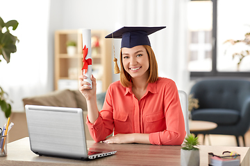 Image showing student woman with laptop and diploma at home