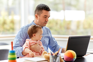 Image showing father with baby working on laptop at home office