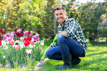 Image showing man with scoop taking care of flowers at garden