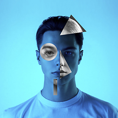 Image showing Young man\'s portrait made of different pieces of faces, modern art collage. New vision of beauty and fashion, make up, hairstyle.