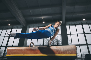 Image showing Little male gymnast training in gym, flexible and active. Caucasian fit little boy, athlete in sportswear practicing in exercises for strength, balance.