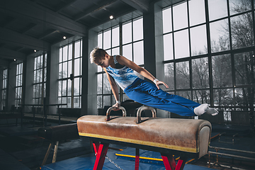 Image showing Little male gymnast training in gym, flexible and active. Caucasian fit little boy, athlete in sportswear practicing in exercises for strength, balance.