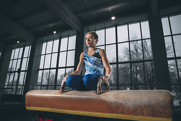 Image showing Little male gymnast training in gym, flexible and active. Caucasian fit little boy, athlete in sportswear practicing in exercises for strength, balance.