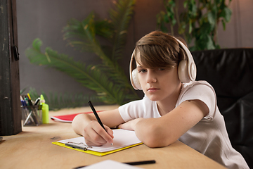 Image showing Little boy studying by group video call, use video conference with teacher, listening to online course