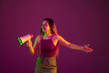 Image showing Portrait of young caucasian woman on pink background with copyspace, unusual and freaky appearance