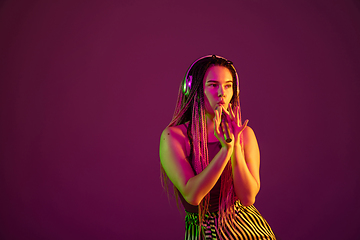 Image showing Portrait of young caucasian woman on pink background with copyspace, unusual and freaky appearance