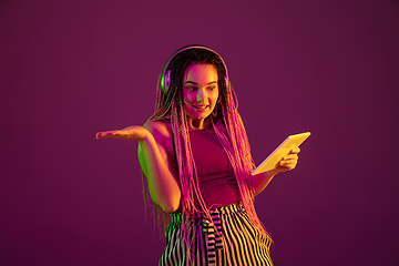 Image showing Portrait of young caucasian woman on pink background with copyspace, unusual and freaky appearance