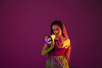 Image showing Portrait of young caucasian woman on pink background with copyspace, unusual and freaky appearance