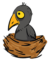 Image showing Cartoon of a small grey crow in a brown nest