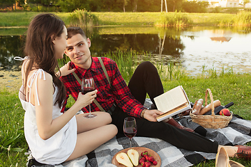 Image showing Caucasian young and happy couple enjoying a picnic in the park on summer day