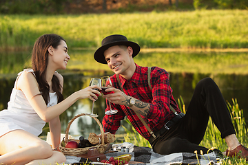 Image showing Caucasian young and happy couple enjoying a picnic in the park on summer day