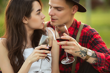 Image showing Caucasian young and happy couple enjoying a picnic in the park on summer day