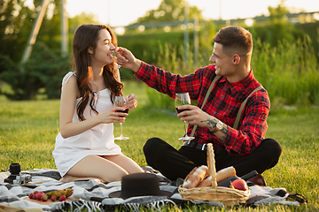 Image showing Caucasian young and happy couple enjoying a picnic in the park on summer day