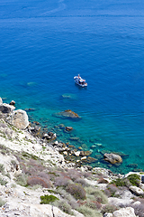 Image showing View of the Tremiti Islands. Rock stone coast. San Domino island