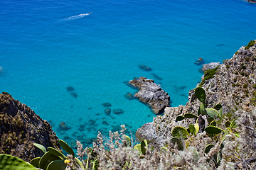 Image showing Rock stone coast. Scenic view of tipycal rocky coastline. Thyrre