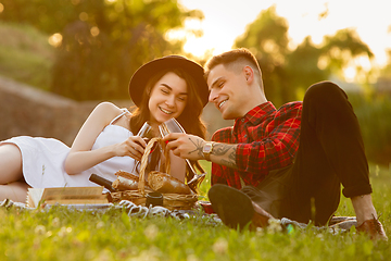 Image showing Caucasian young and happy couple enjoying a picnic in the park on summer day